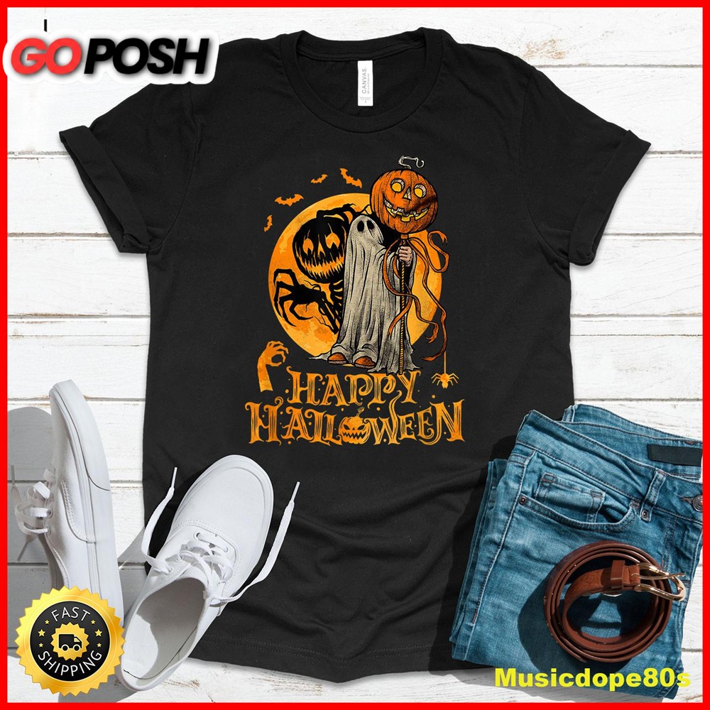 Happy Halloween Pumpkin Ghost Autumn Leaves Graphic Art T-Shirt
