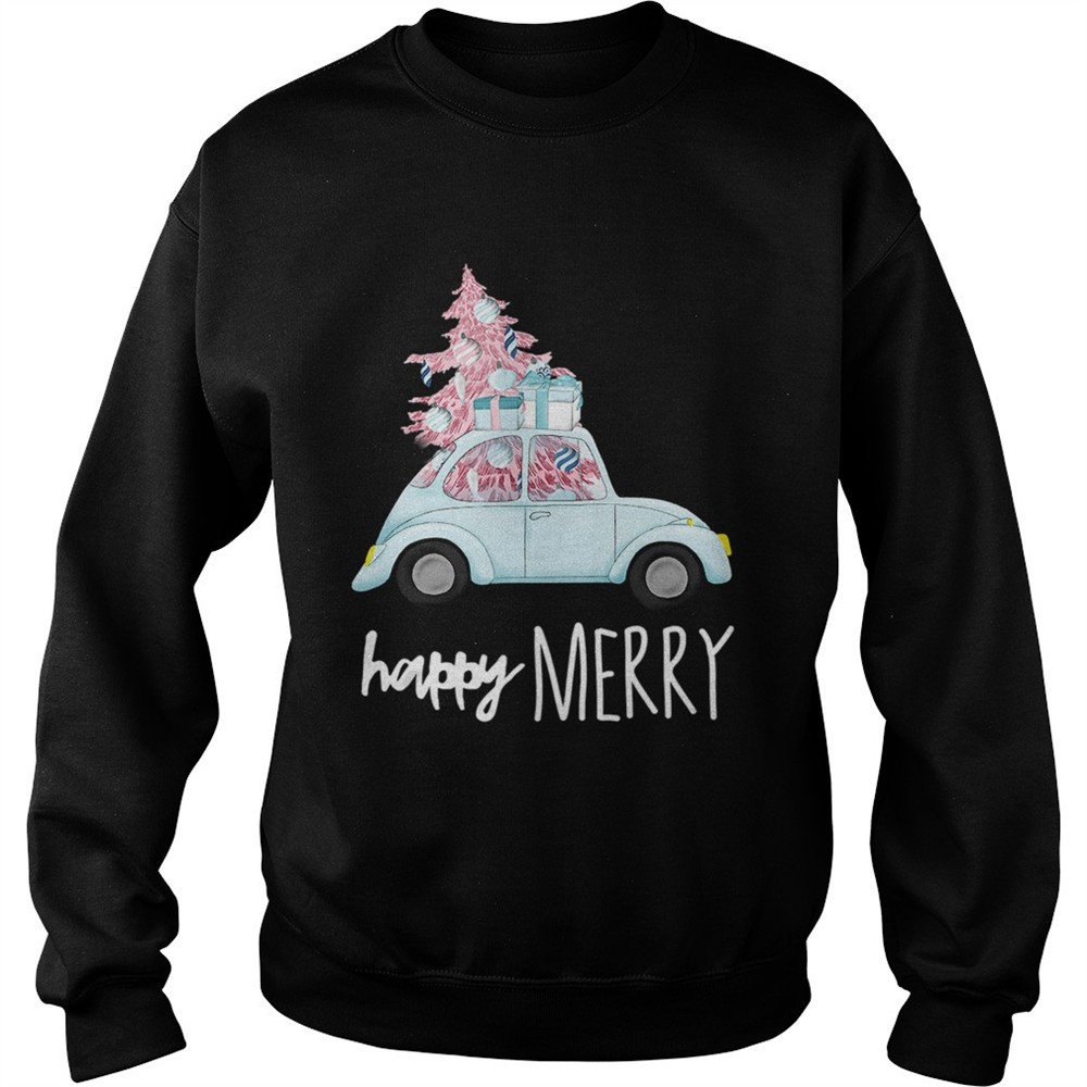 Happy Merry Vintage Car Christmas Holiday Pink Xmas Tree shirt
