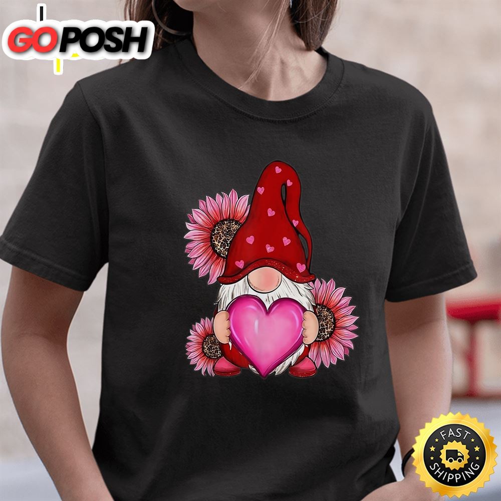 Happy Valentines Day Gnome With Leopard Sunflower Valentine T-Shirt