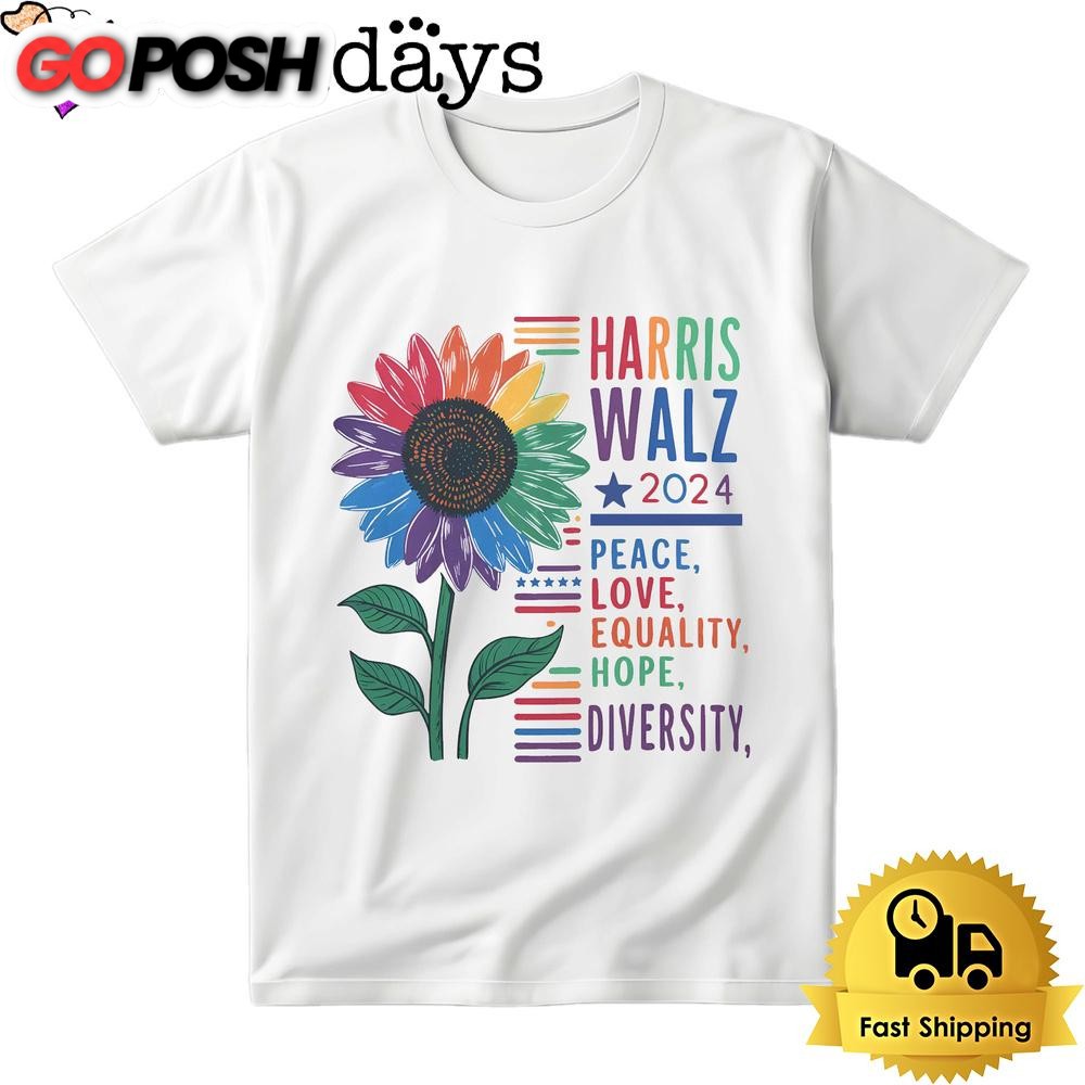 Harris Walz 2024 Peace Love Diversity Quality Graphic Bright T Shirt