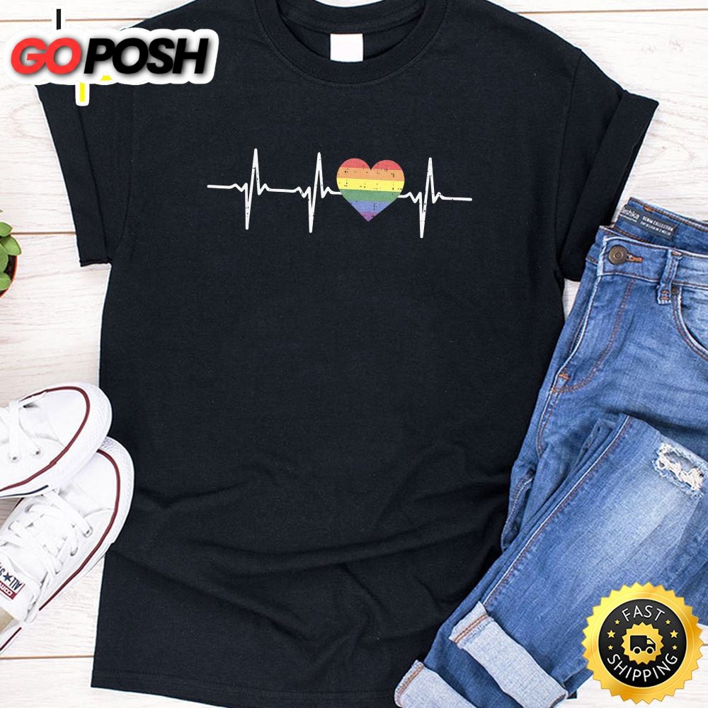 Heartbeat Rainbow Heart Gay LGBT Pride Medical Nurse Gift Valentines Day T-shirt