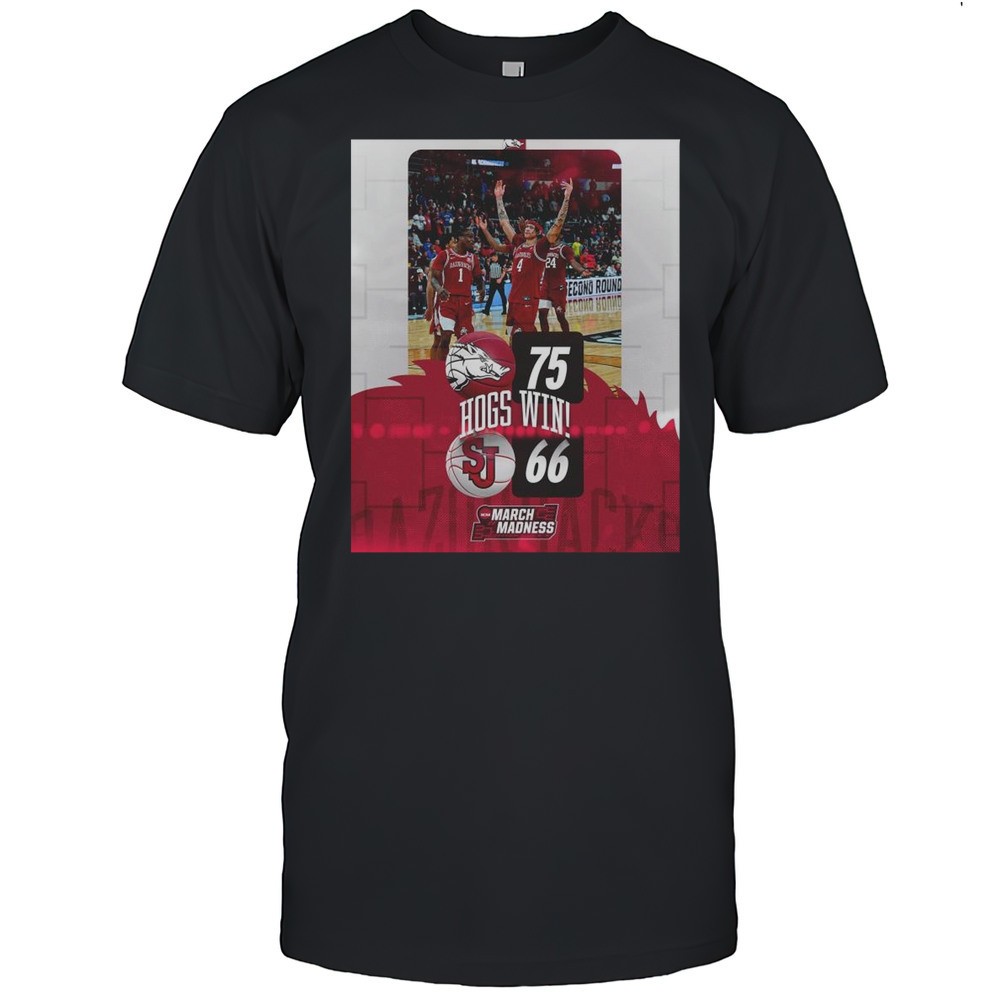 hogs-win-arkansas-razorbacks-vs-st-johns-red-storm-final-score-75-66-ncaa-march-vwm7lowx Hogs Win Arkansas Razorbacks Vs St Johns Red Storm Final Score 75 66 NCAA March Madness T-shirt