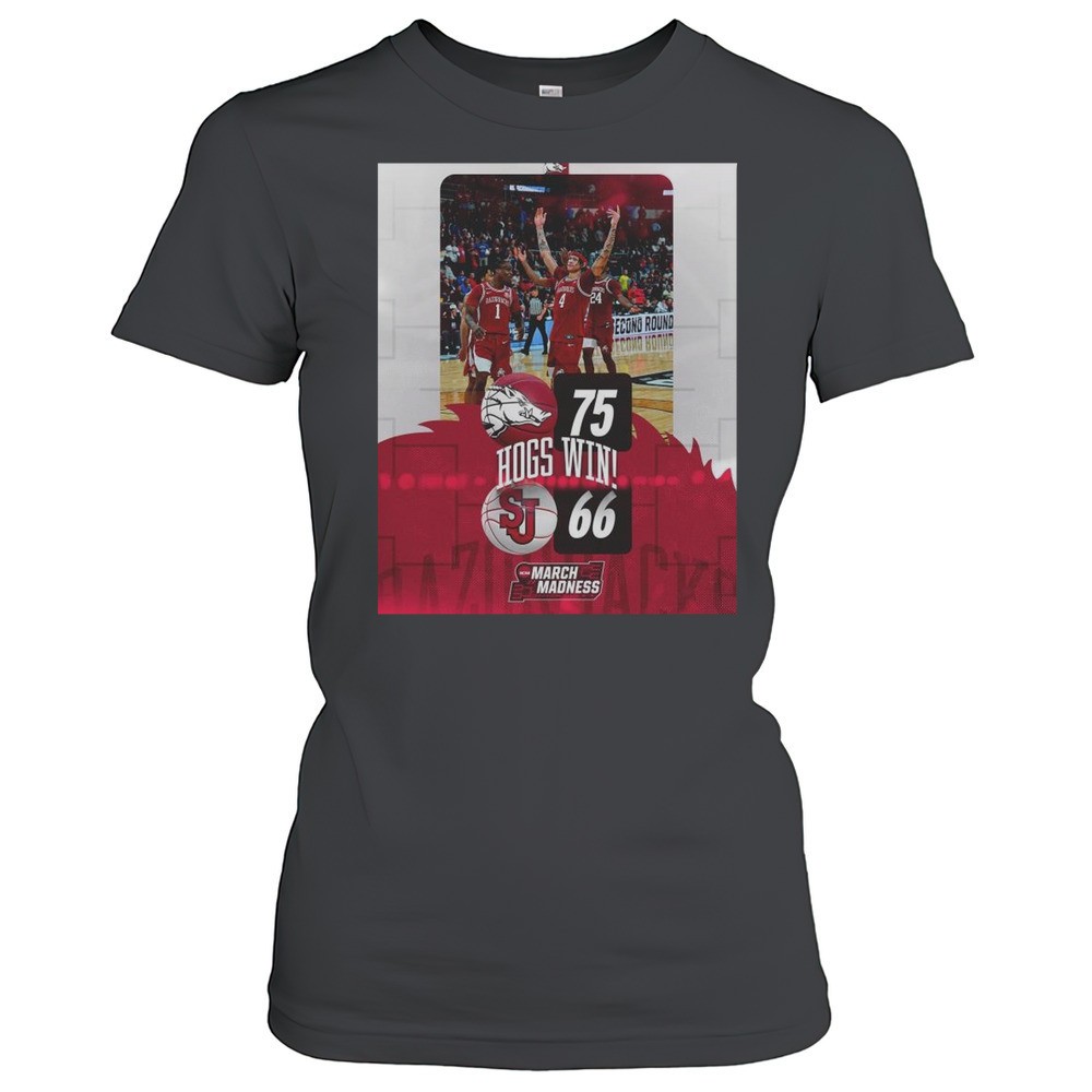 hogs-win-arkansas-razorbacks-vs-st-johns-red-storm-final-score-75-66-ncaa-march-vwm7lowx Hogs Win Arkansas Razorbacks Vs St Johns Red Storm Final Score 75 66 NCAA March Madness T-shirt