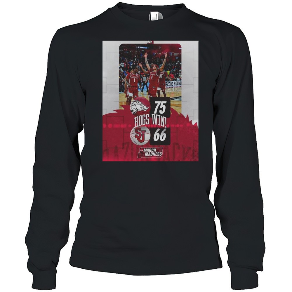 hogs-win-arkansas-razorbacks-vs-st-johns-red-storm-final-score-75-66-ncaa-march-vwm7lowx Hogs Win Arkansas Razorbacks Vs St Johns Red Storm Final Score 75 66 NCAA March Madness T-shirt