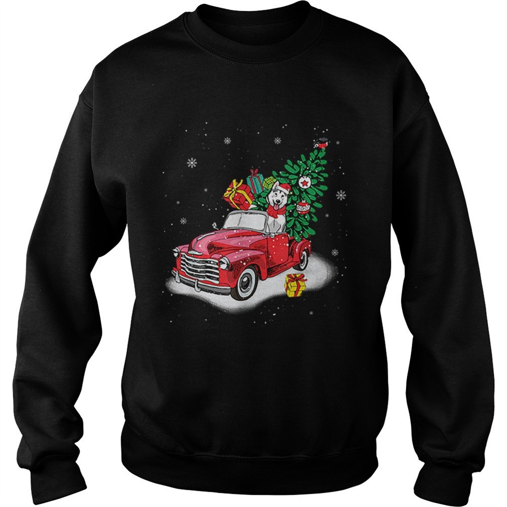 Husky Rides Red Truck Christmas Tree Xmas Gifts shirt