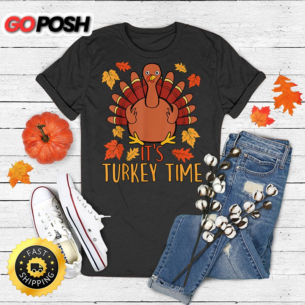 Its Turkey Time Thanksgiving Shirt for Women Falling Leaf T-Shirt