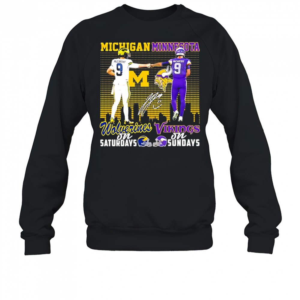 j-j-mccarthy-michigan-wolverines-on-saturdays-minnesota-vikings-on-sundays-sig-jaw89aqn J J McCarthy Michigan Wolverines on Saturdays & Minnesota Vikings on Sundays signature shirt