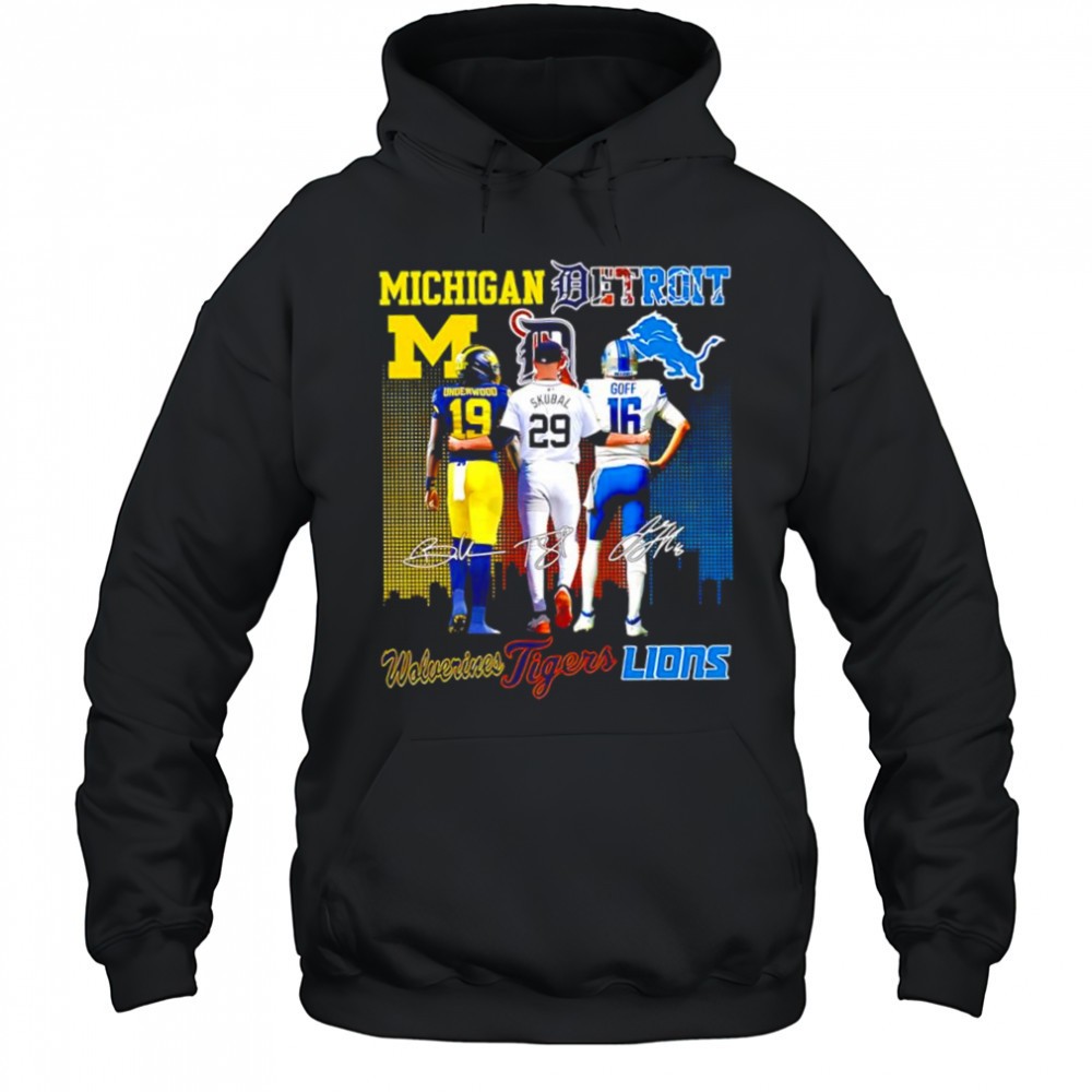 Jared Goff Detroit Lions x Tarik Skubal Detroit Tigers x Roman Wilson Michigan Wolverines signatures shirt