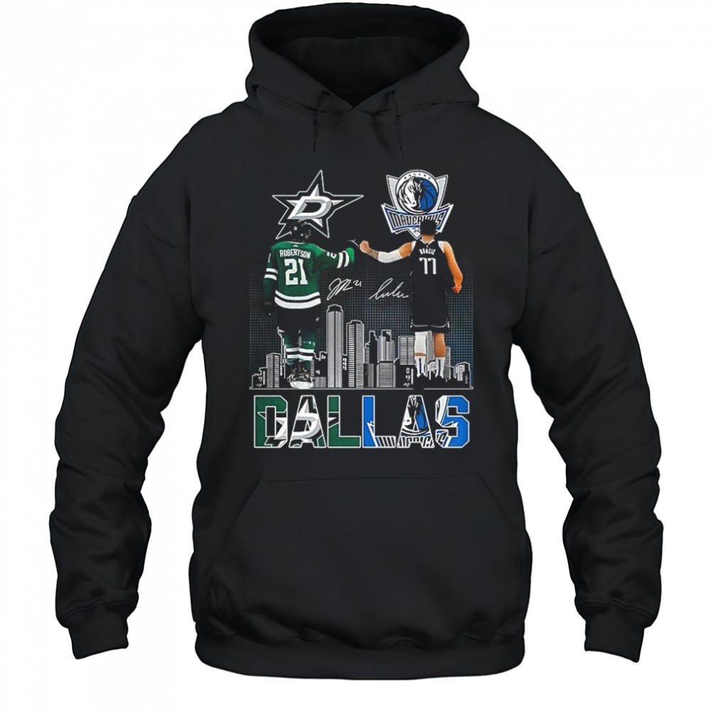 Jason Robertson Dallas Stars touch hand Luka Doncic Dallas Mavericks 2025 signature shirt