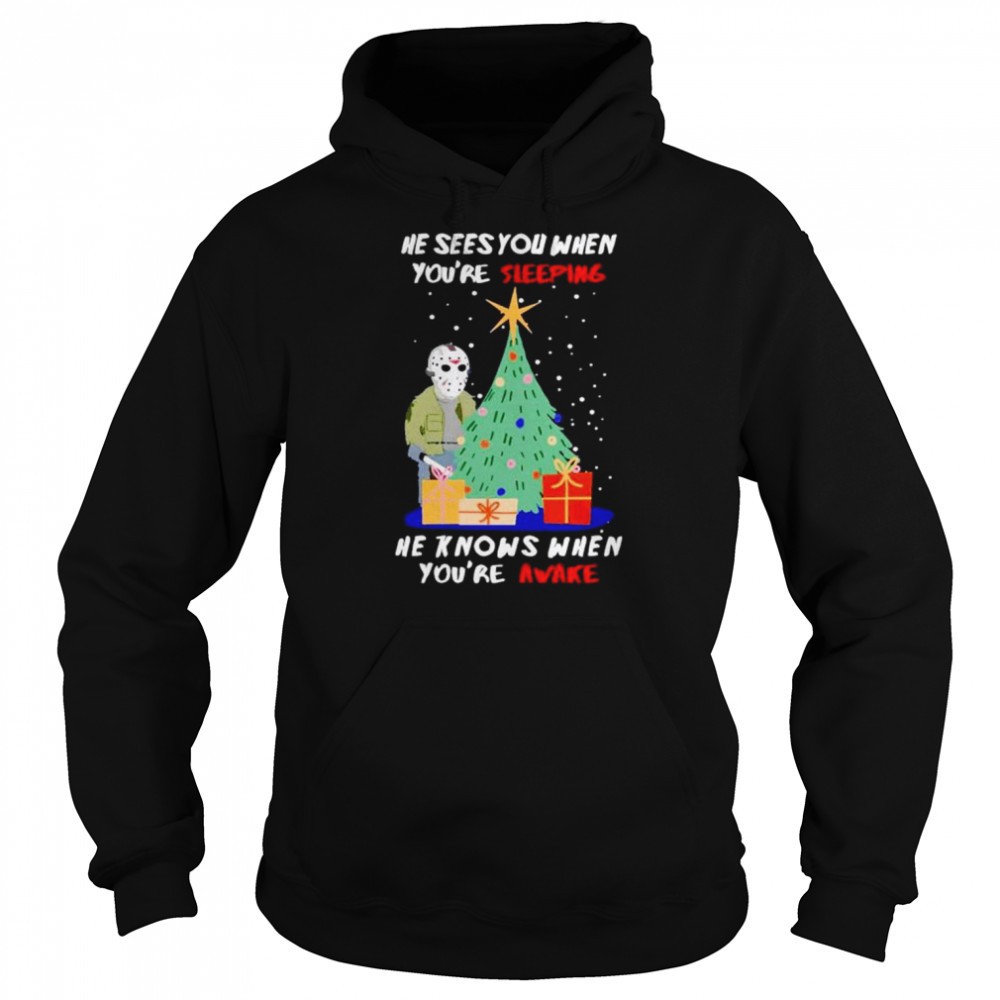 Jason Voorhees he sees you when youre sleeping he knows when you_re awake Christmas shirt