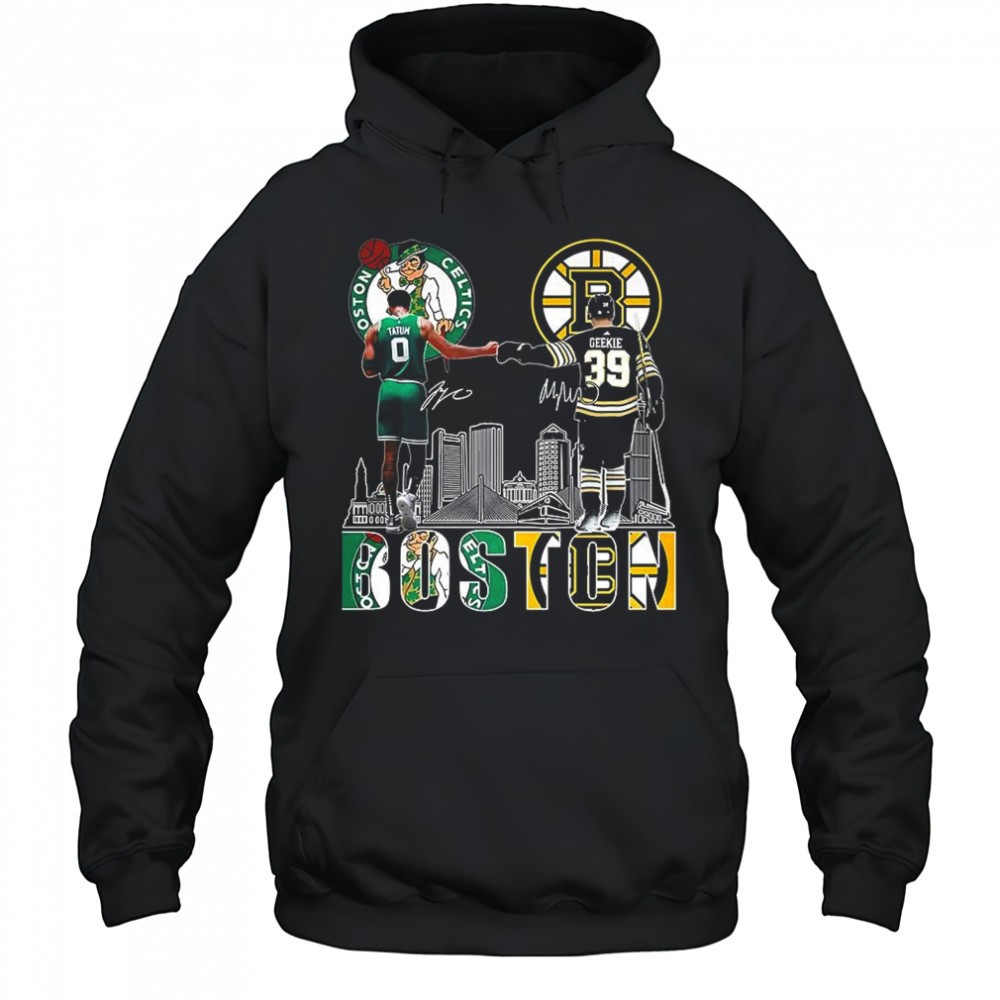 Jayson Tatum Boston Celtics touch hand Morgan Geekie Boston Bruins 2025 signature shirt
