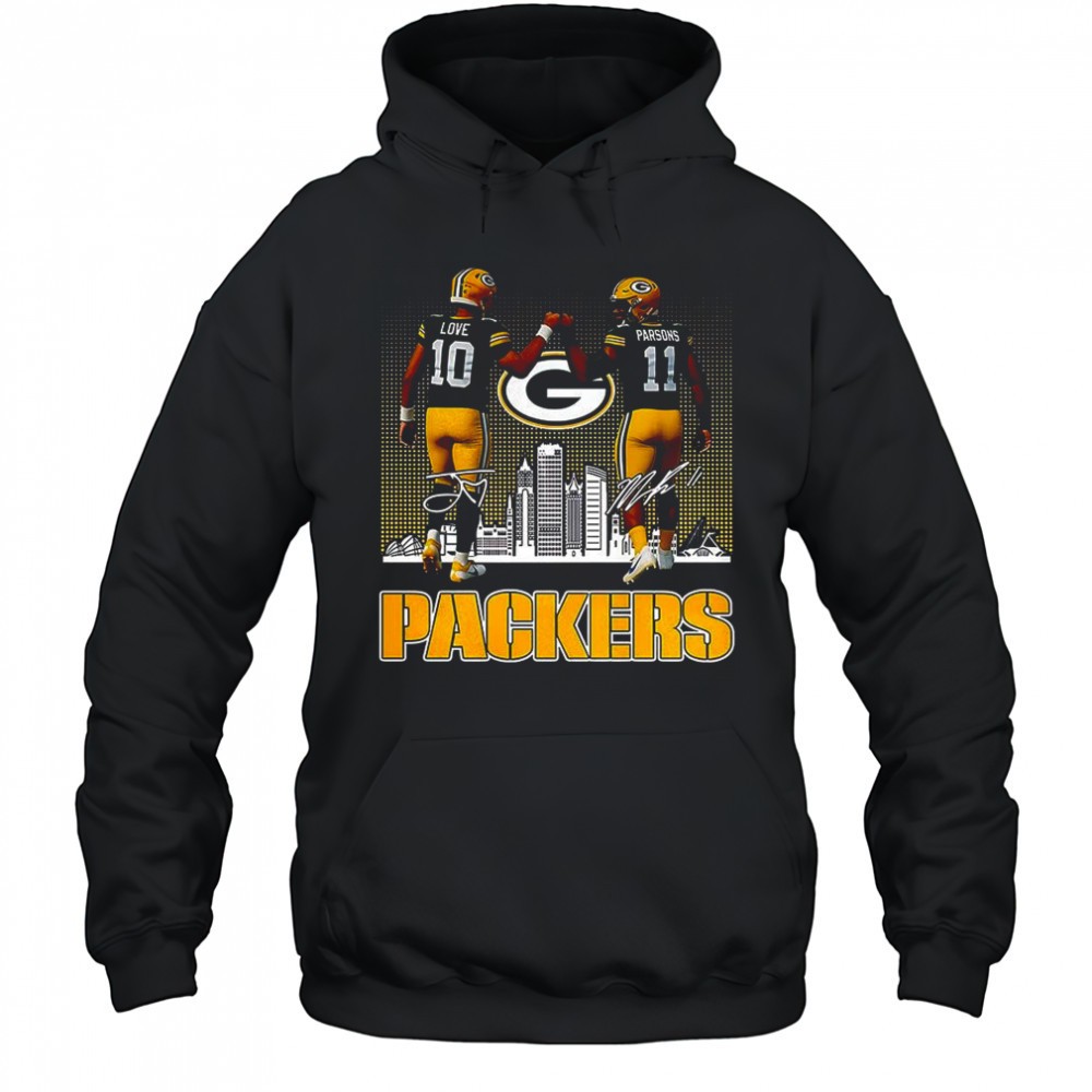 Jordan Love touch hands Micah Parsons Green Bay Packers football skyline signature shirt