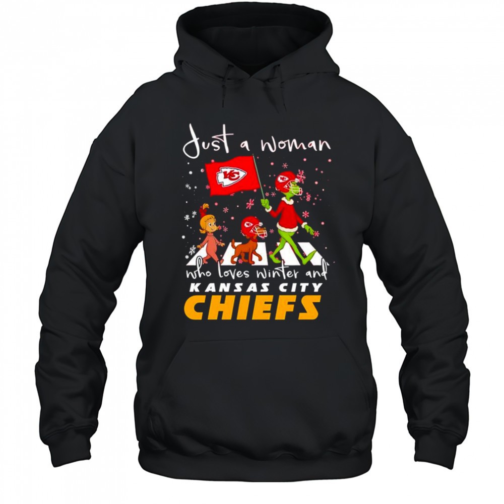Just a woman who loves winter and Kansas City Chiefs vs Dr Seuss characters Abbey Road shirt