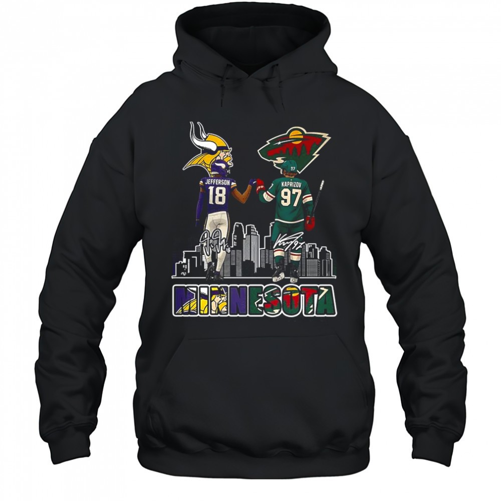 Justin Jefferson Minnesota Vikings touch hand Kirill Kaprizov Minnesota Wild shirt