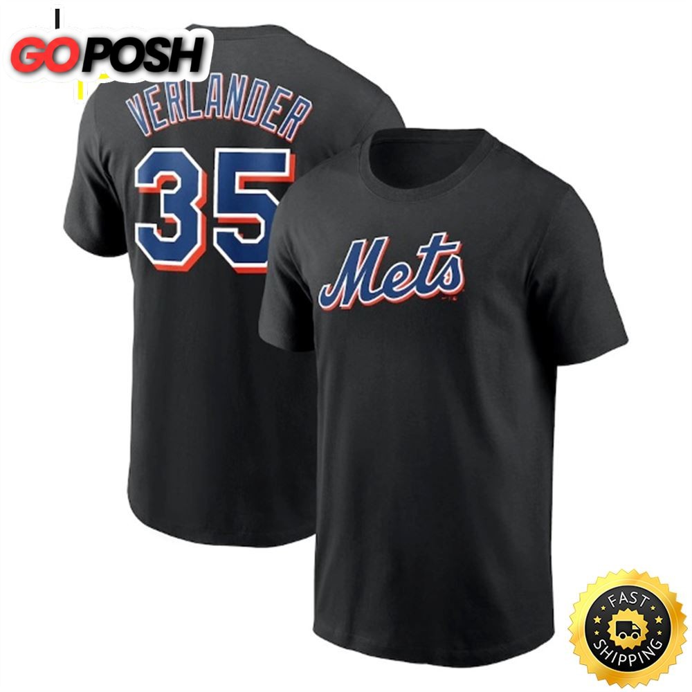 Justin Verlander New York Mets 2023 Name & Number Black T-shirt