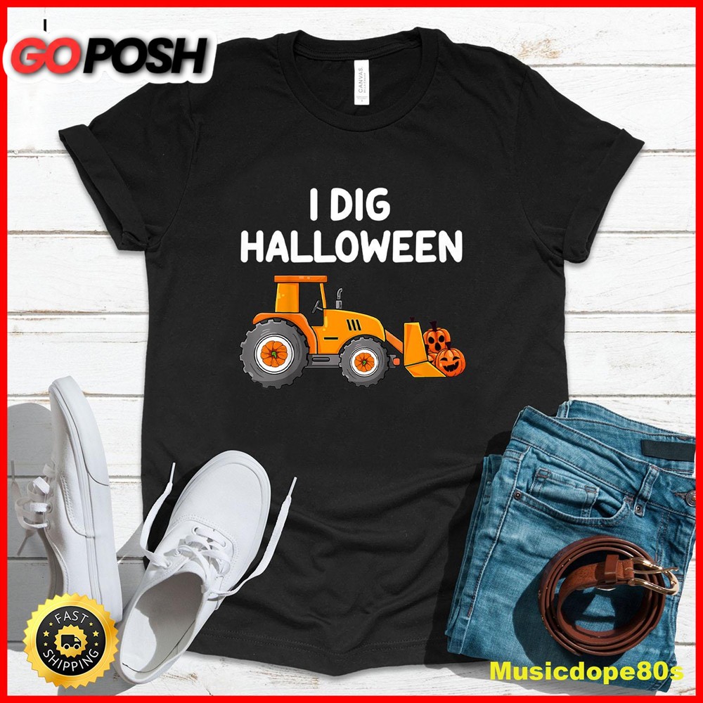 Kids I Dig Halloween Pumpkin Tractor Jack O Latern Toddlers Boys T-Shirt