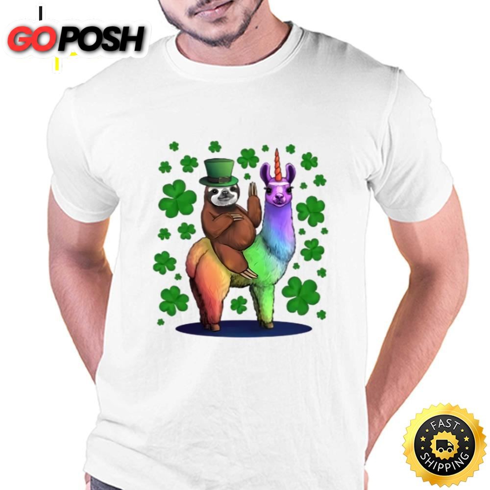 Leprechaun Sloth Riding Llama Unicorn St Patricks Day T-Shirt