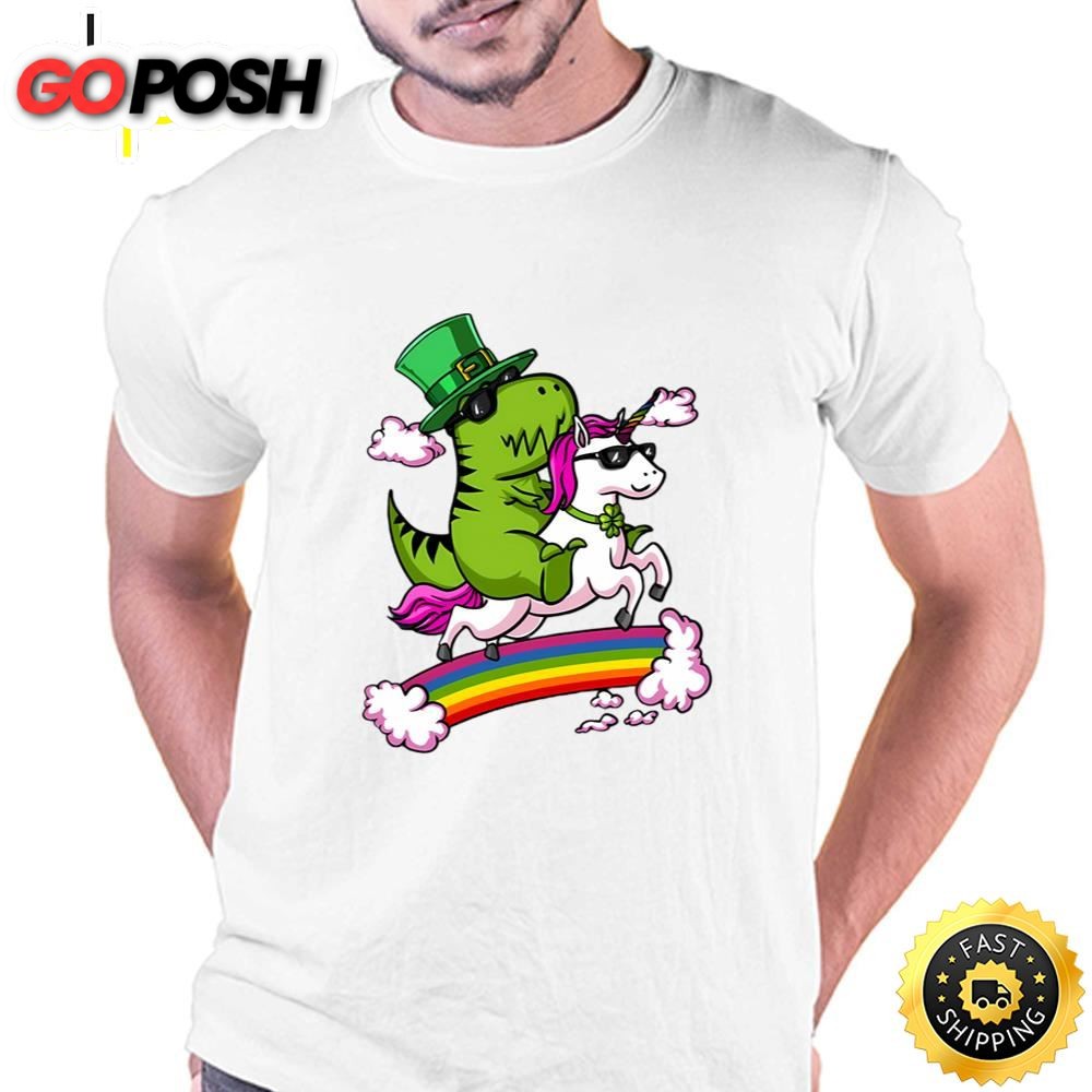 Leprechaun T-Rex Dinosaur Riding Unicorn St Patricks Day Irish T-Shirt
