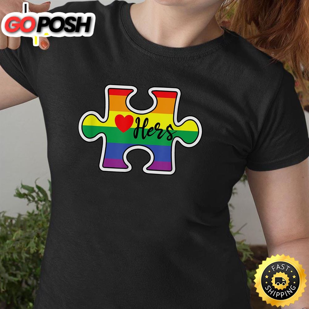 LGBT Pride Couple Valentine Lesbian Hers Rainbow Puzzle Gay Valentines Day T-shirt