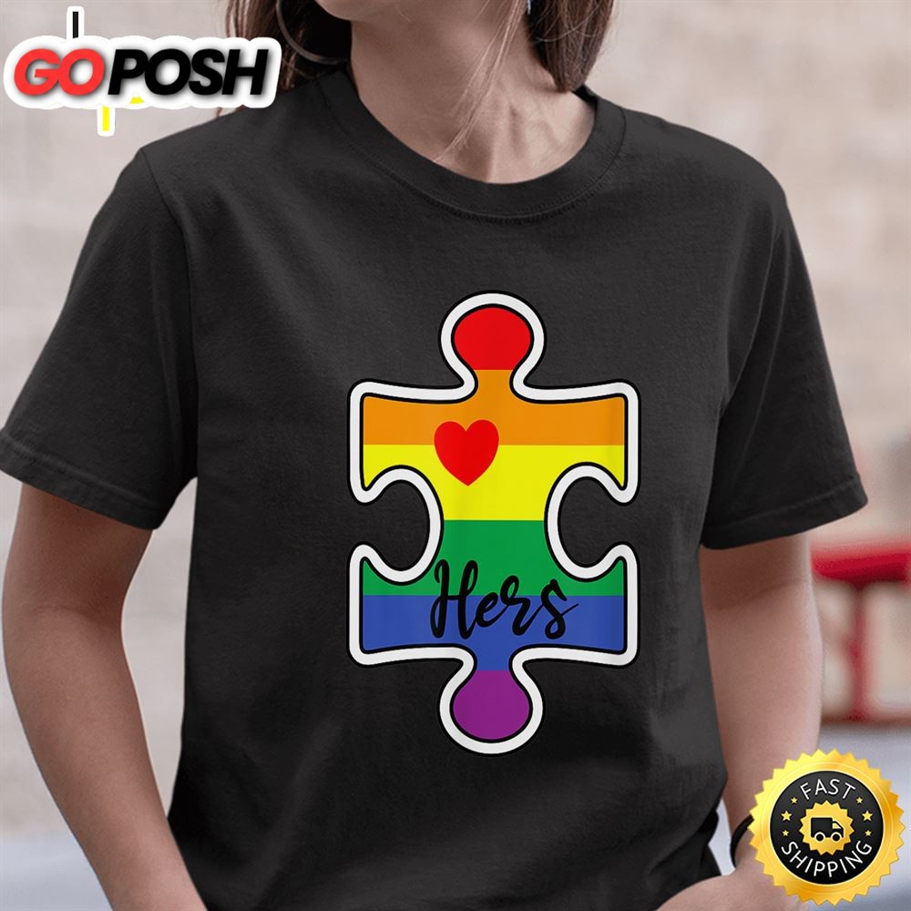 LGBT Pride Couple Valentine Lesbian Hers Rainbow Puzzle Valentines Day T-shirt