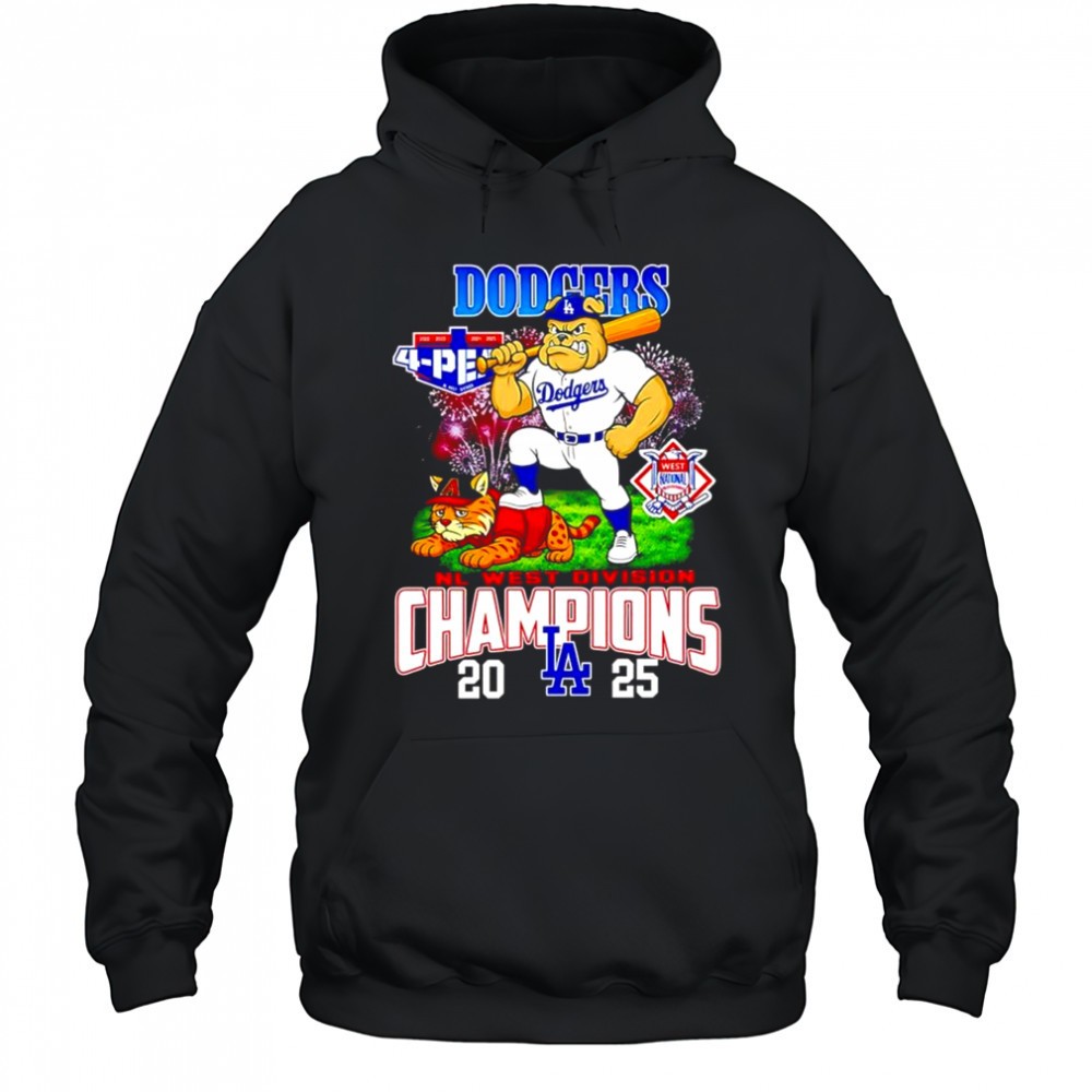 Los Angeles Dodgers 2025 NL West Division Champions mascots bulldog and a cat shirt