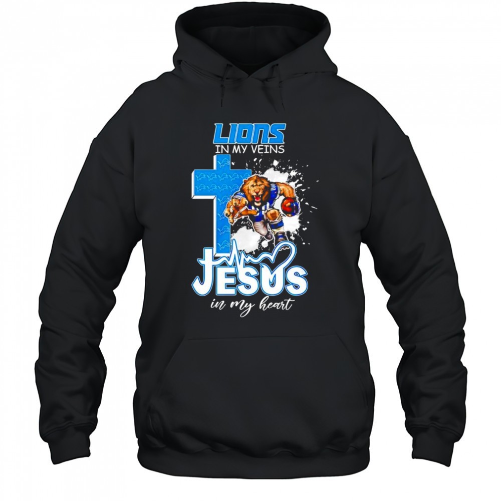 Mascot Detroit Lions in my Veins Jesus in my heart shirt