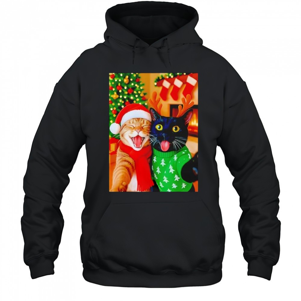 Meme Cat Taking A Selfie Christmas Xmas Lights Holiday shirt