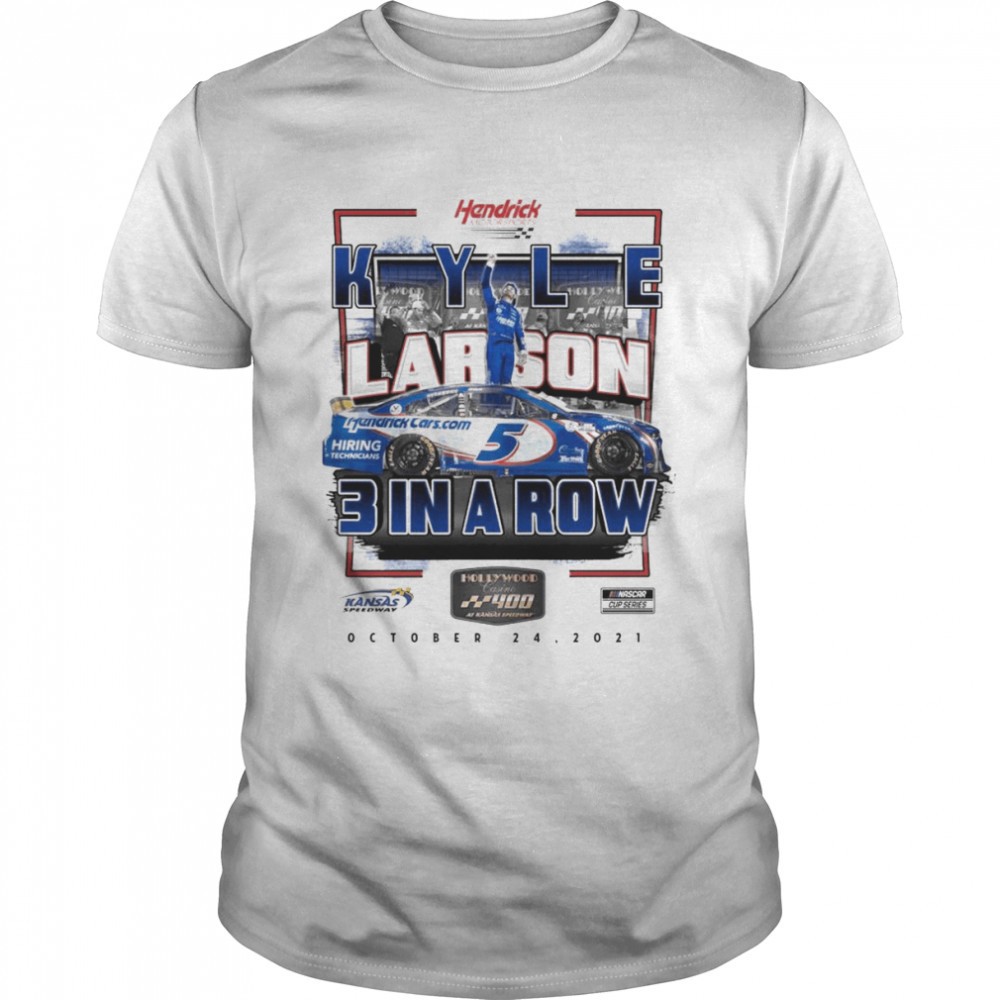 Mens Kyle Larson Checkered Flag White 2021 Hollywood Casino 400 Race Win Champions 2021 T-Shirt