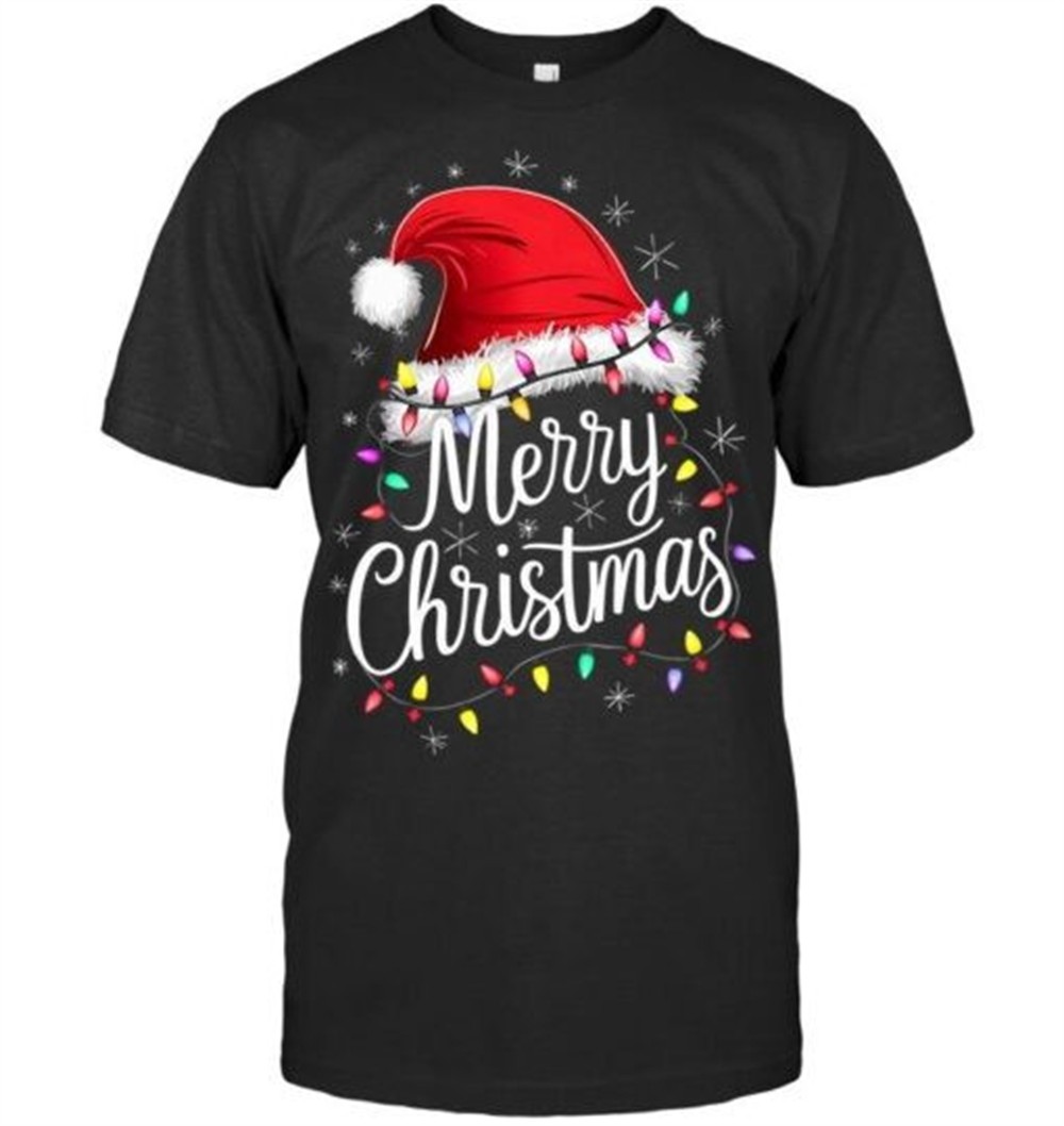 Merry Christmas Lights Red Santa Hat Xmas Family Men Women T Shirt