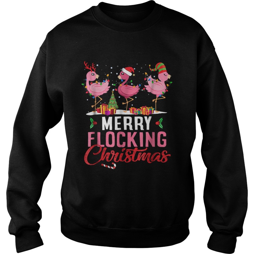 Merry Flocking Christmas Flamingo Pink In Santa Hat TShirt