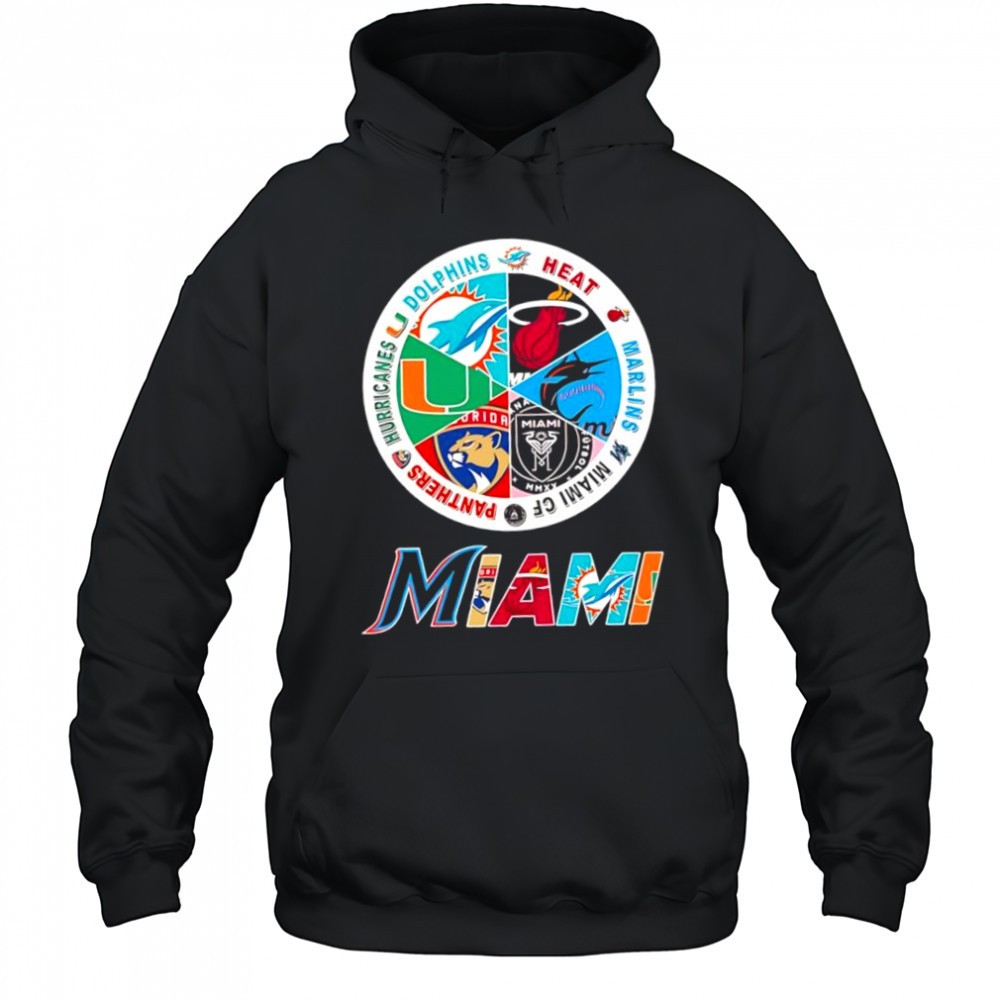 Miami area Dolphins x Heat x Marlins x Florida Panthers x Hurricanes x Inter Miami CF logo shirt