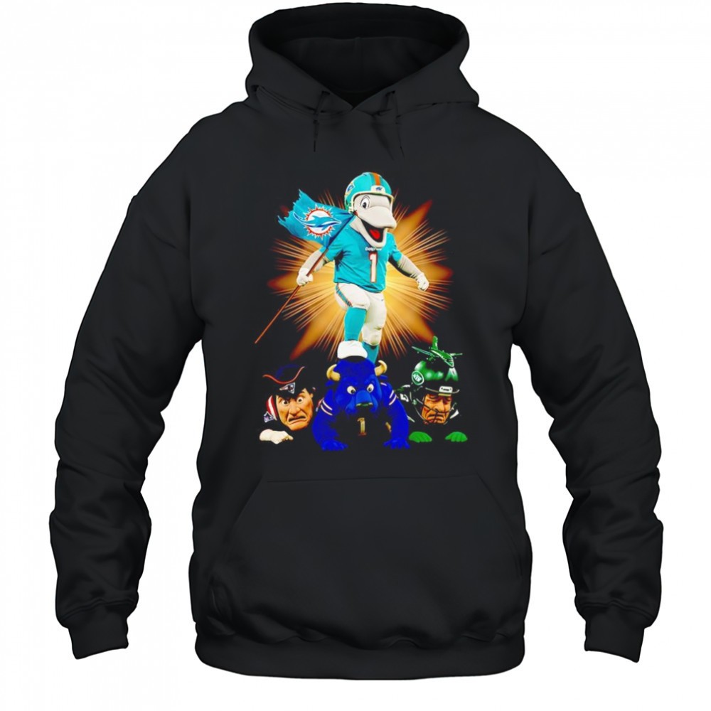 Miami Dolphins mascot standing with flag shirt