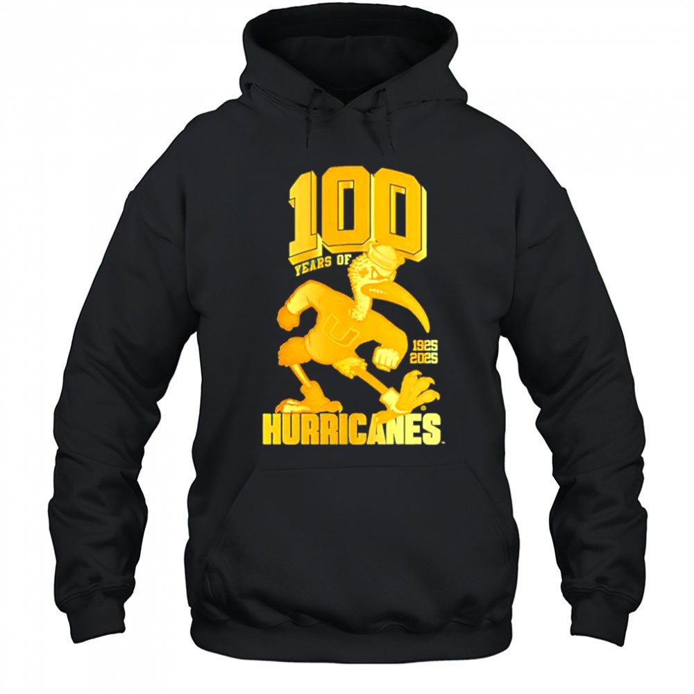 Miami Hurricanes 100 years Sebastian the Ibis mascot 1925 2025 shirt