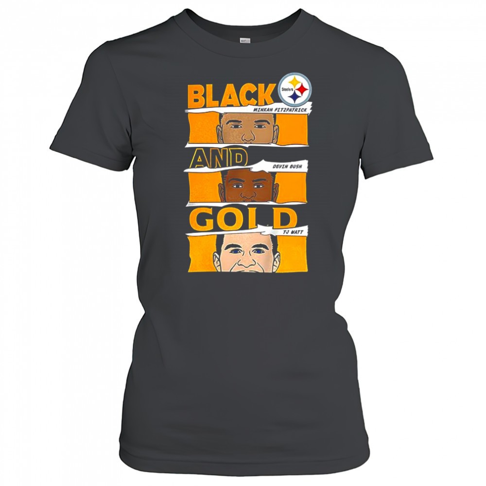 minkah-fitzpatrick-devin-bush-and-tj-watt-pittsburgh-steelers-football-black-and-vwlnxvd5 Minkah Fitzpatrick Devin Bush and TJ Watt Pittsburgh Steelers football Black and Gold shirt