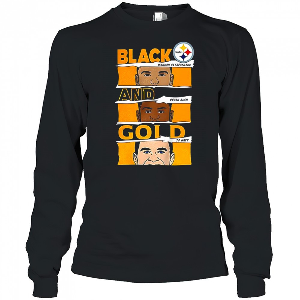 minkah-fitzpatrick-devin-bush-and-tj-watt-pittsburgh-steelers-football-black-and-vwlnxvd5 Minkah Fitzpatrick Devin Bush and TJ Watt Pittsburgh Steelers football Black and Gold shirt