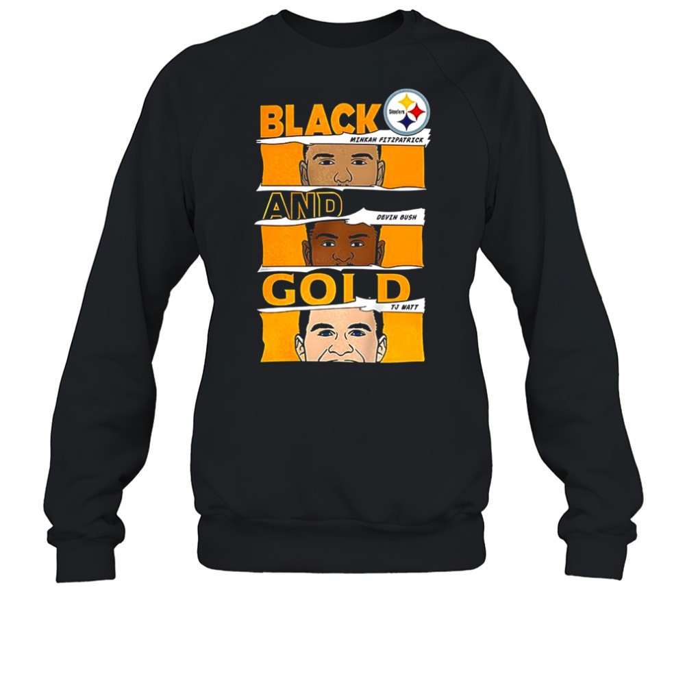 minkah-fitzpatrick-devin-bush-and-tj-watt-pittsburgh-steelers-football-black-and-vwlnxvd5 Minkah Fitzpatrick Devin Bush and TJ Watt Pittsburgh Steelers football Black and Gold shirt