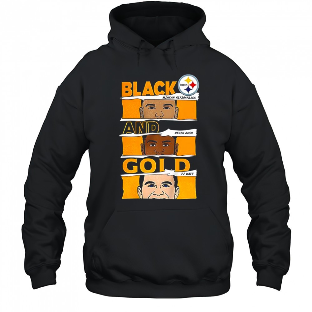 Minkah Fitzpatrick Devin Bush and TJ Watt Pittsburgh Steelers football Black and Gold shirt