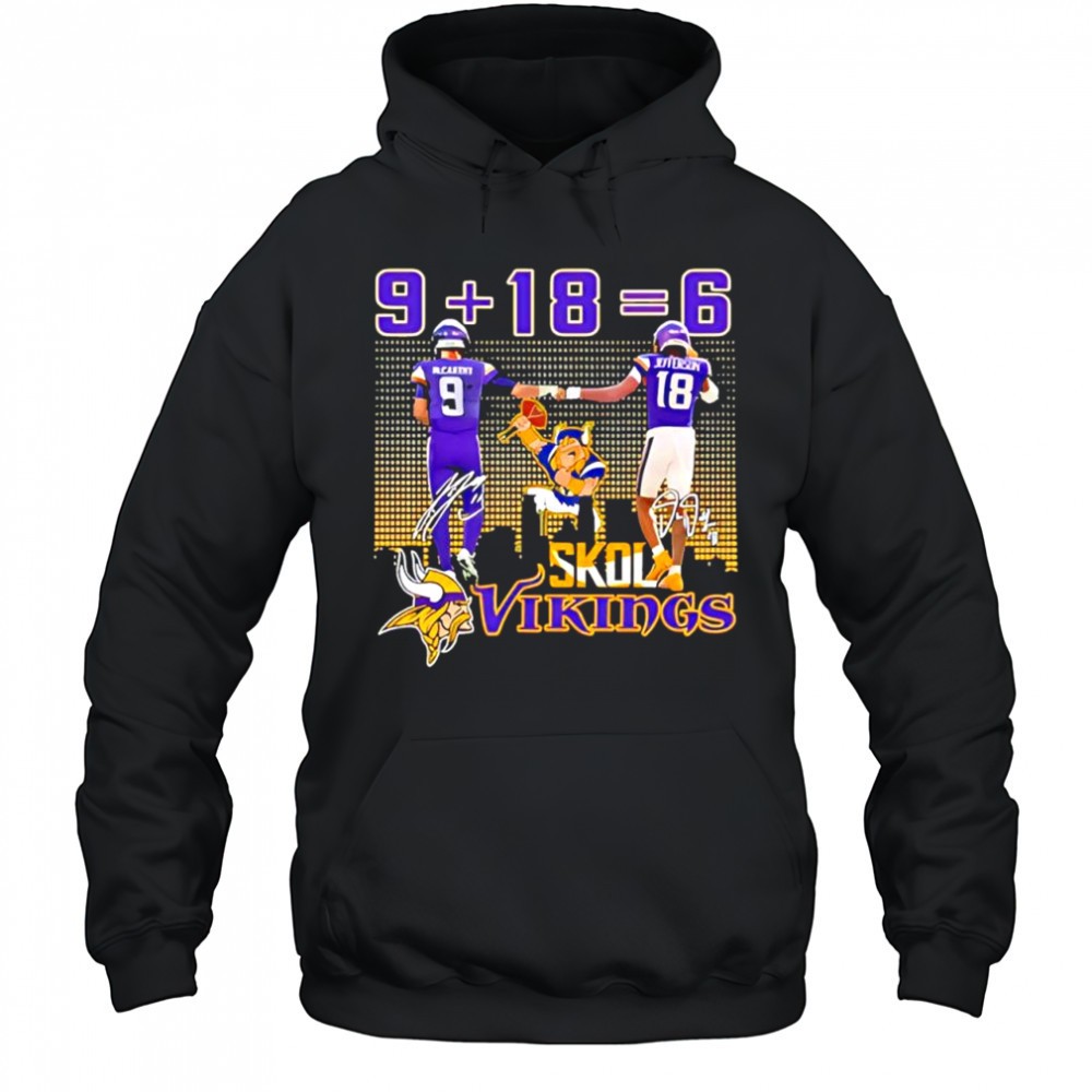 Minnesota Vikings players J J McCarthy & Justin Jefferson 9 + 18 = 6 signatures shirt
