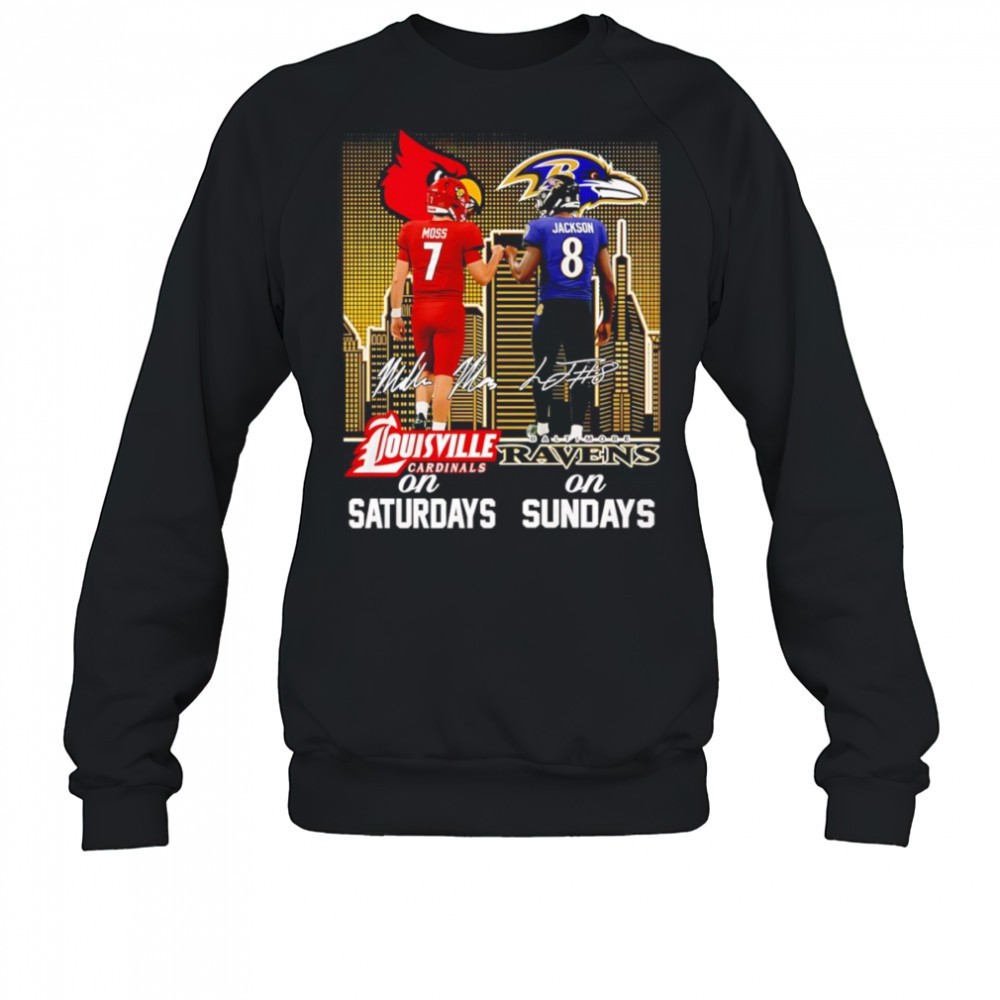 moss-and-jackson-louisville-cardinals-on-saturdays-baltimore-ravens-on-sundays-s-tzl04joj Moss and Jackson Louisville Cardinals on Saturdays Baltimore Ravens on Sundays shirt