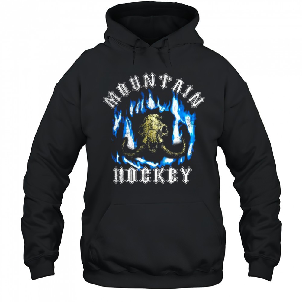 Mountain hockey mammoth skull with horns in blue flames shirt