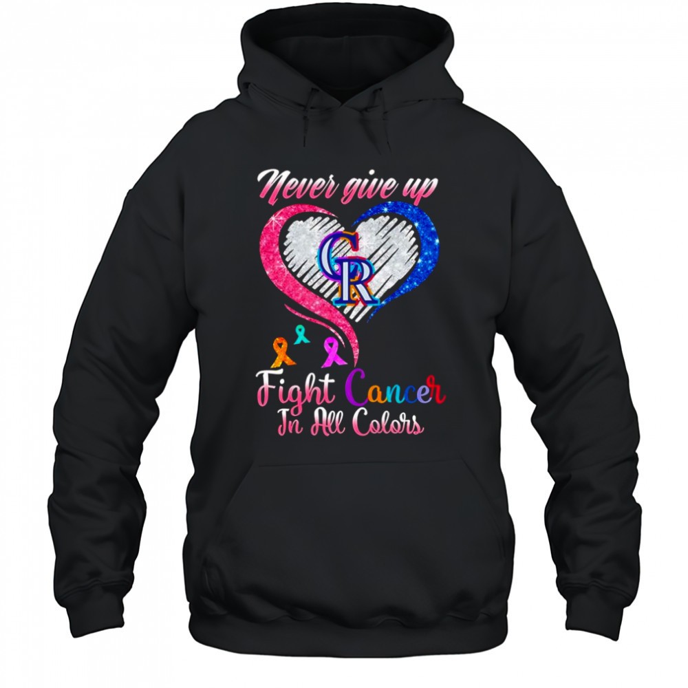 Never give up fight cancer in all colors Colorado Rockies diamond heart shirt