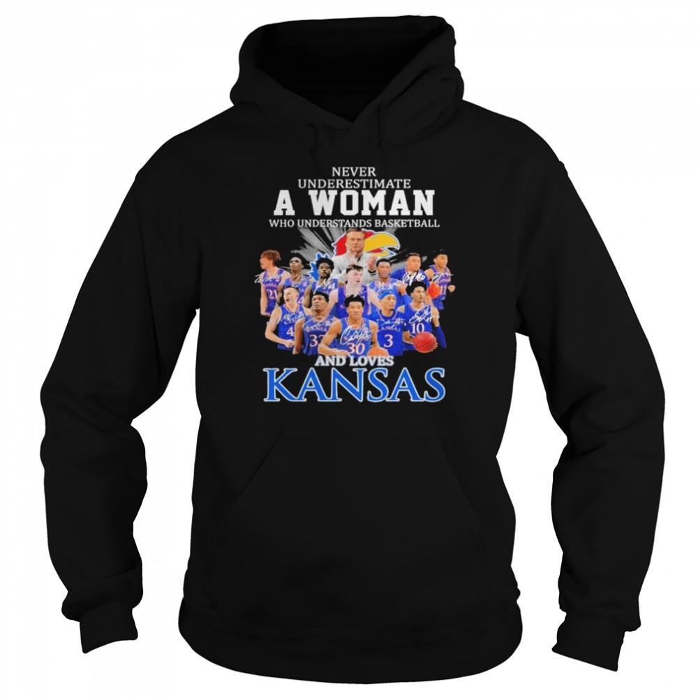 Never underestimate a woman who understands basketball and loves Kansas shirt