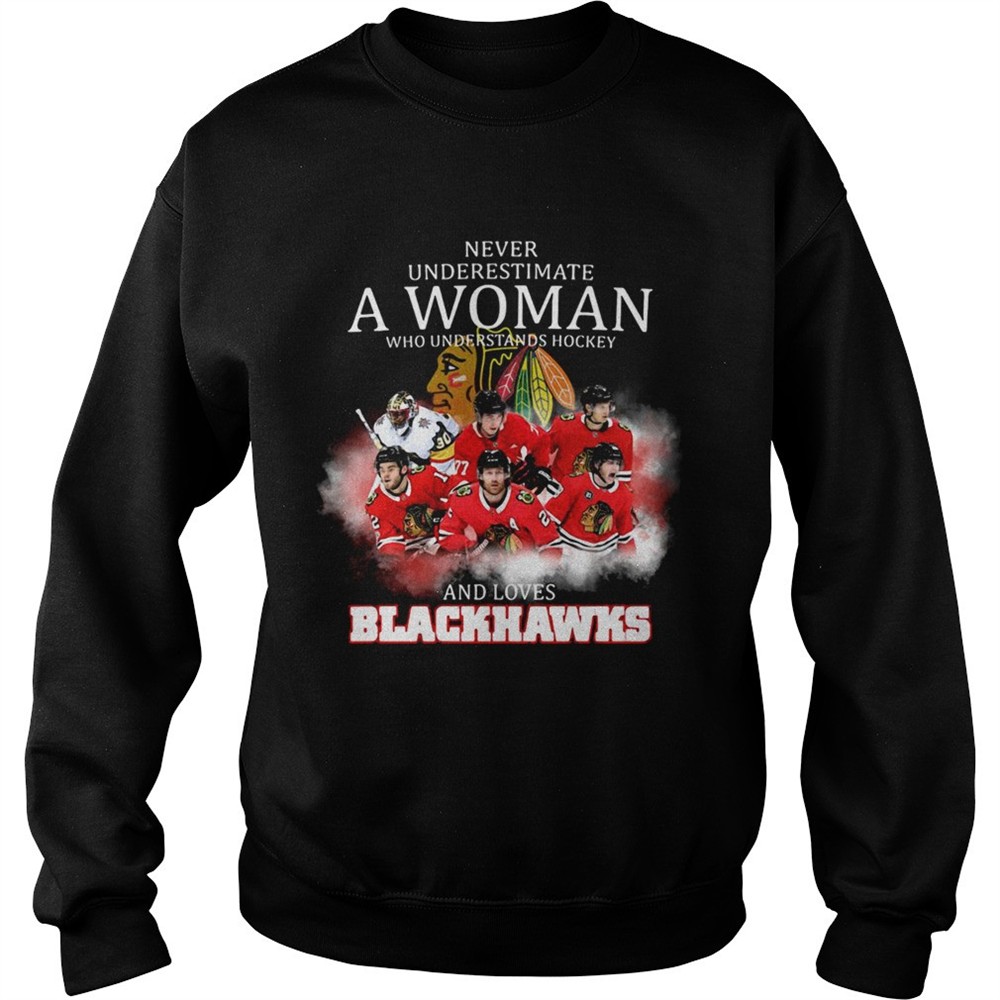 Never underestimate a woman who understands hockey and loves blackhawks logo shirt