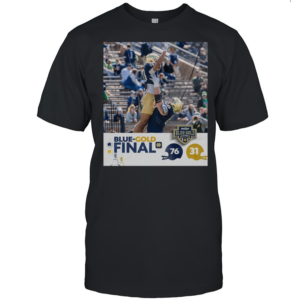 notre-dame-fighting-irish-football-wins-76-31-in-modified-scoring-meijer-blue-go-bpebgsr7 Notre Dame Fighting Irish Football Wins 76-31 In Modified Scoring Meijer Blue-Gold Scrimmage Final Poster T-shirt