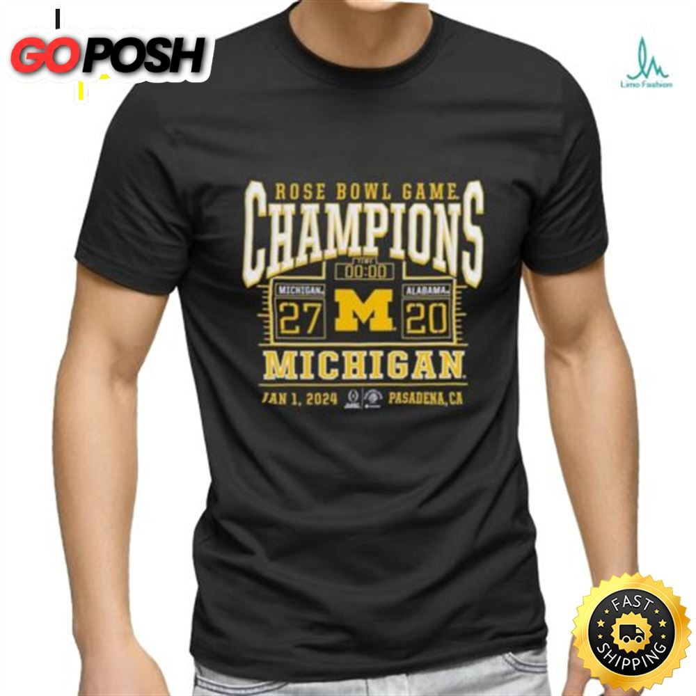 Official Branded College Football Playoff 2025 Michigan Wolverines Rose Bowl Champions Score T Shirt