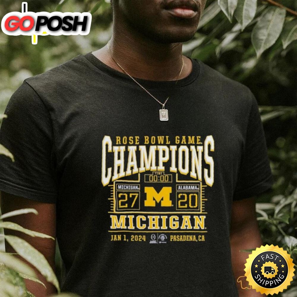 Official Branded College Football Playoff 2025 Michigan Wolverines Rose Bowl Champions Score T Shirt
