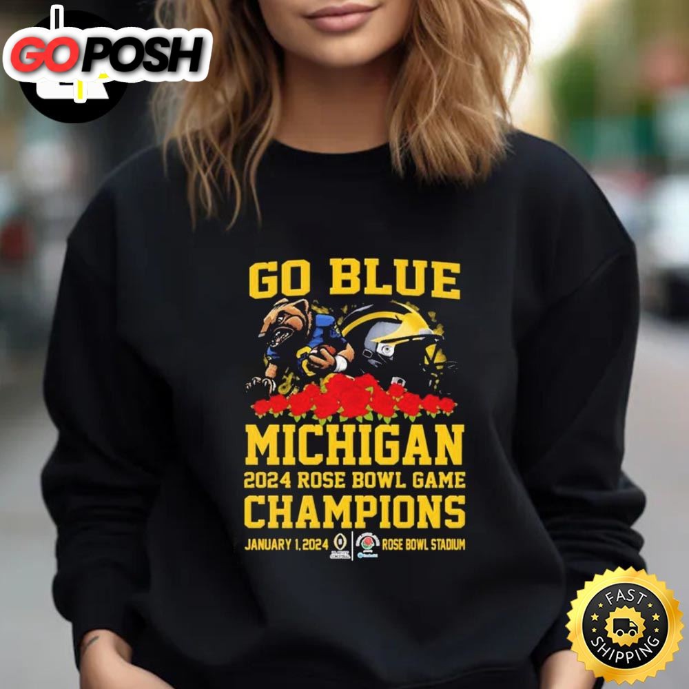 Official Go Blue Michigan Wolverines 2025 Rose Bowl Game Champions Mascot Helmet Unisex T-Shirt