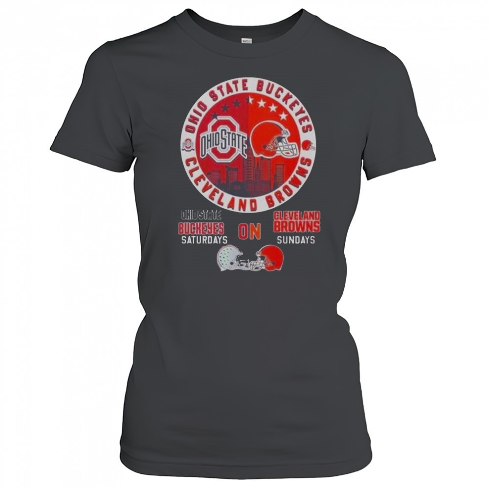 ohio-state-buckeyes-and-cleveland-browns-saturdays-on-sundays-city-skyline-logo-j554abf5 Ohio State Buckeyes And Cleveland Browns Saturdays On Sundays City Skyline Logo T-Shirt