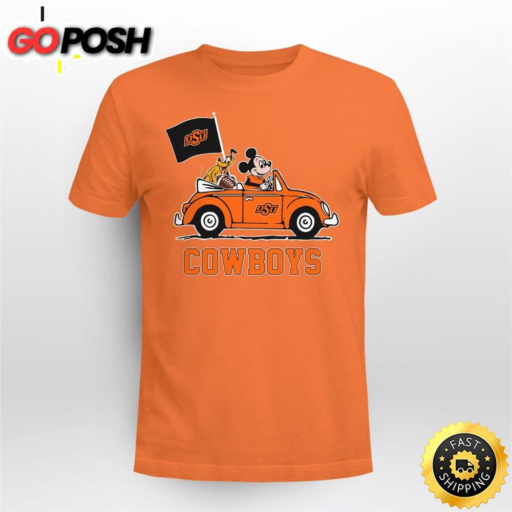 Oklahoma State Cowboys Pluto and Mickey Mouse Driving in a Car Shirt Mickey Mouse 100 Year Anniversary Shirt