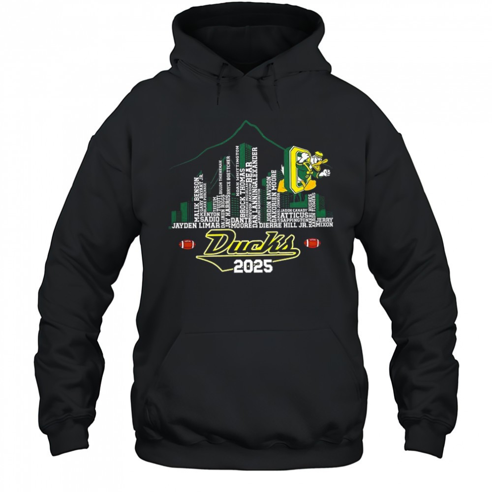 Oregon Ducks football name player 2025 city skyline mountain shirt